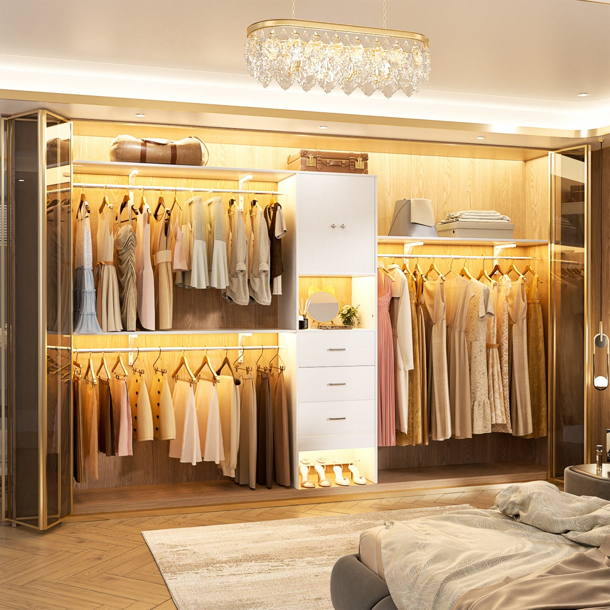 120'' Large Closet System with 3 Drawers and Doors, Closet with 3 Hanging Rods & Shlef Towers
