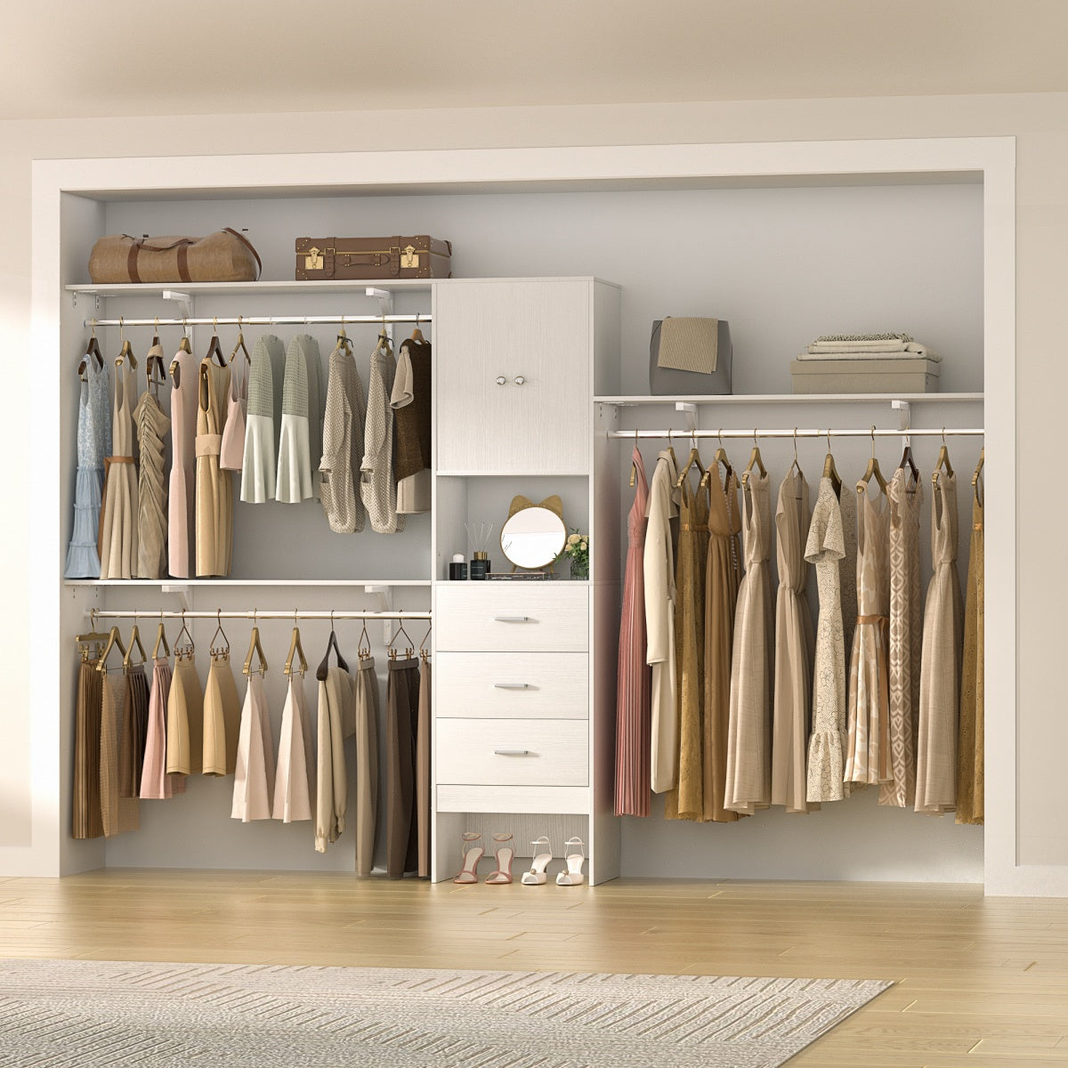 120'' Large Closet System with 3 Drawers and Doors, Closet with 3 Hanging Rods & Shlef Towers