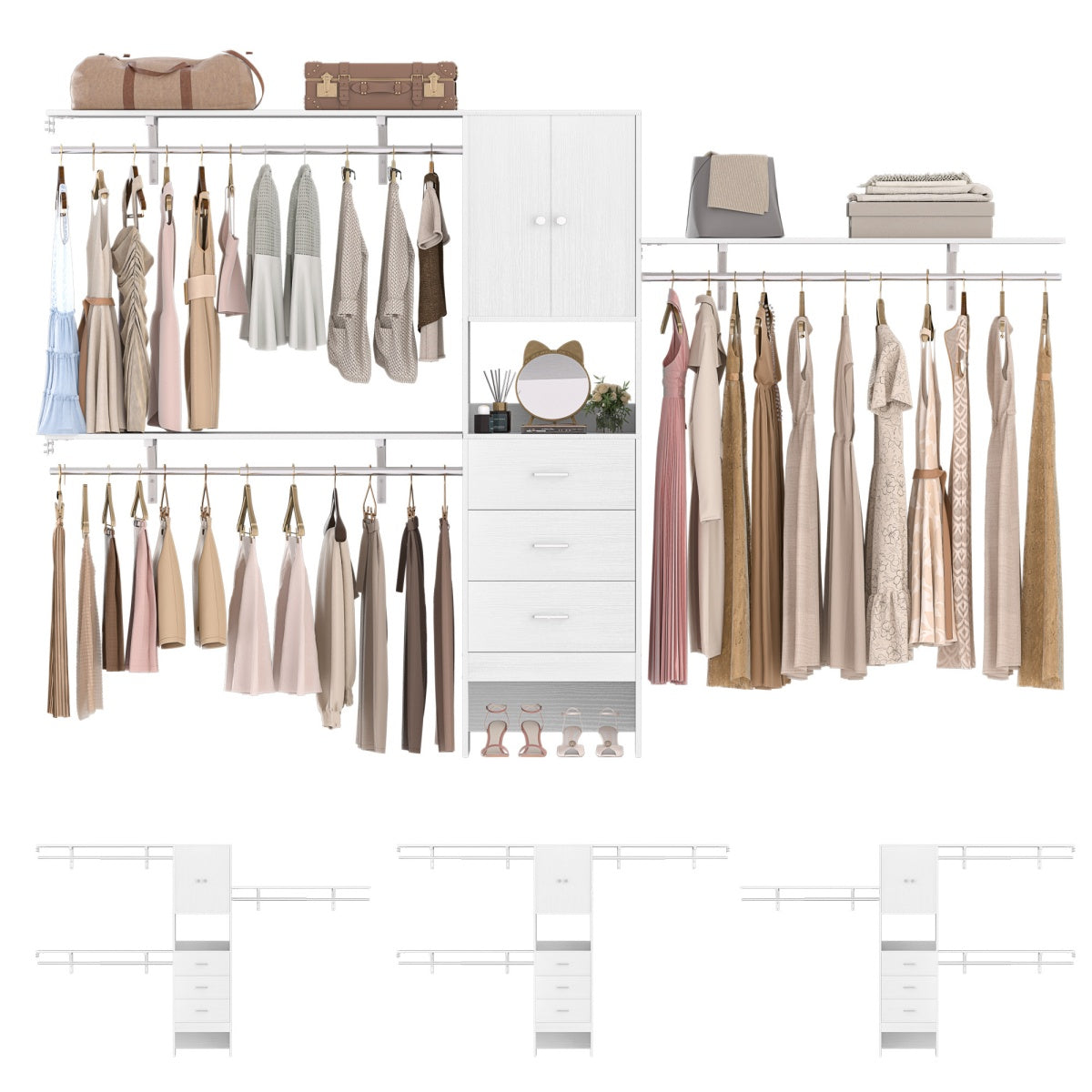 120'' Large Closet System with 3 Drawers and Doors, Closet with 3 Hanging Rods & Shlef Towers
