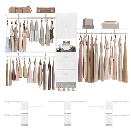 120'' Large Closet System with 3 Drawers and Doors, Closet with 3 Hanging Rods & Shlef Towers