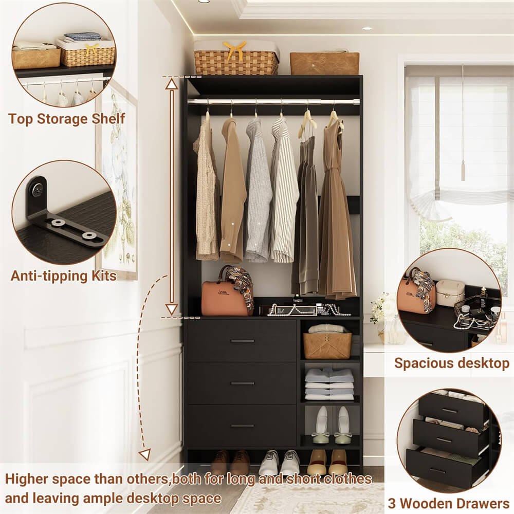 2.5FT Closet System with 3 Wooden Drawers and Shelves, 29.6'' Freestanding Walk In Clothes Storage Organizer for Home