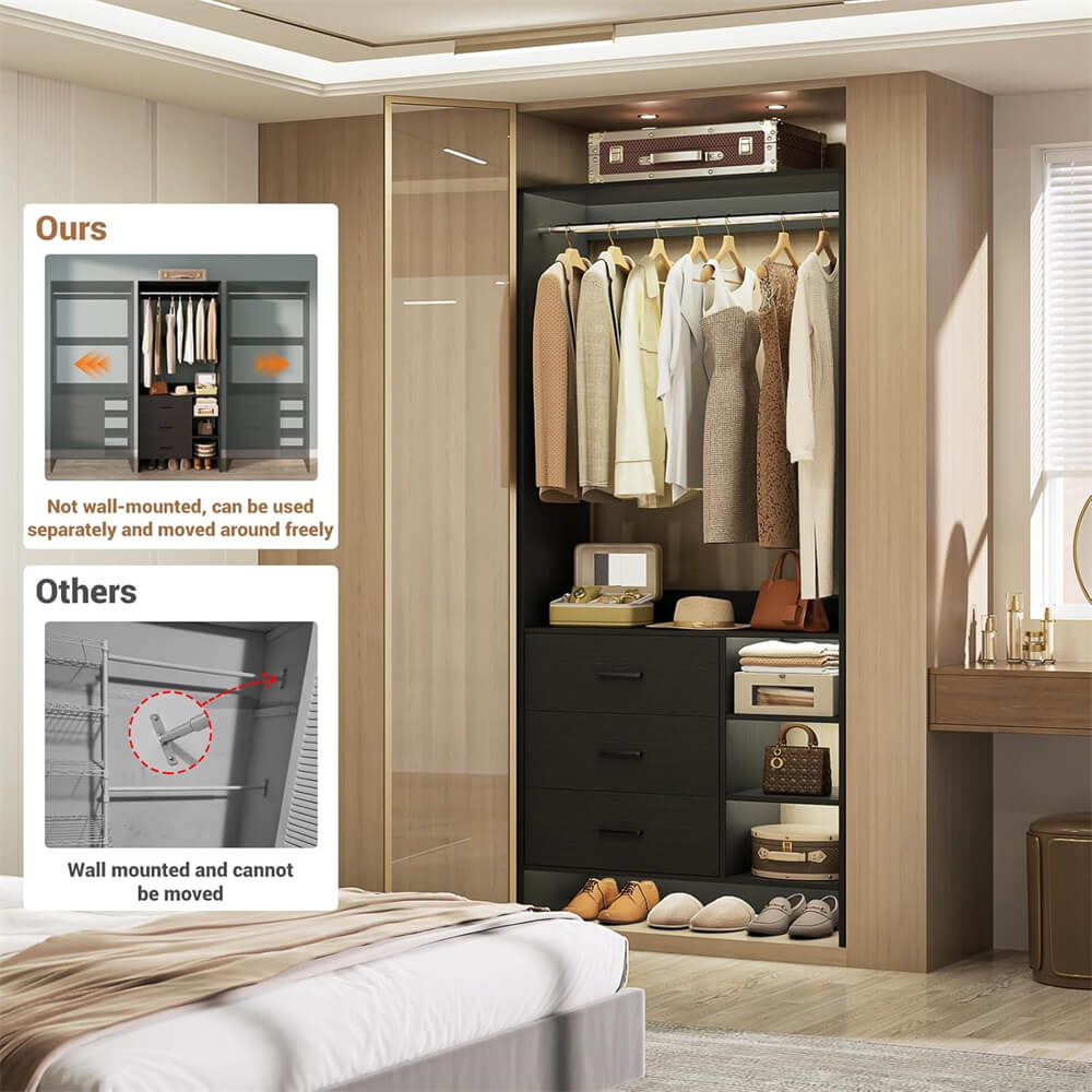 2.5FT Closet System with 3 Wooden Drawers and Shelves, 29.6'' Freestanding Walk In Clothes Storage Organizer for Home