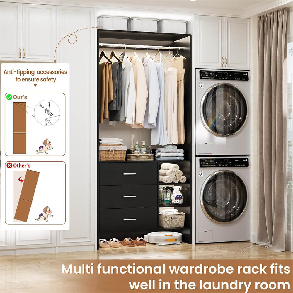 2.5FT Closet System with 3 Wooden Drawers and Shelves, 29.6'' Freestanding Walk In Clothes Storage Organizer for Home