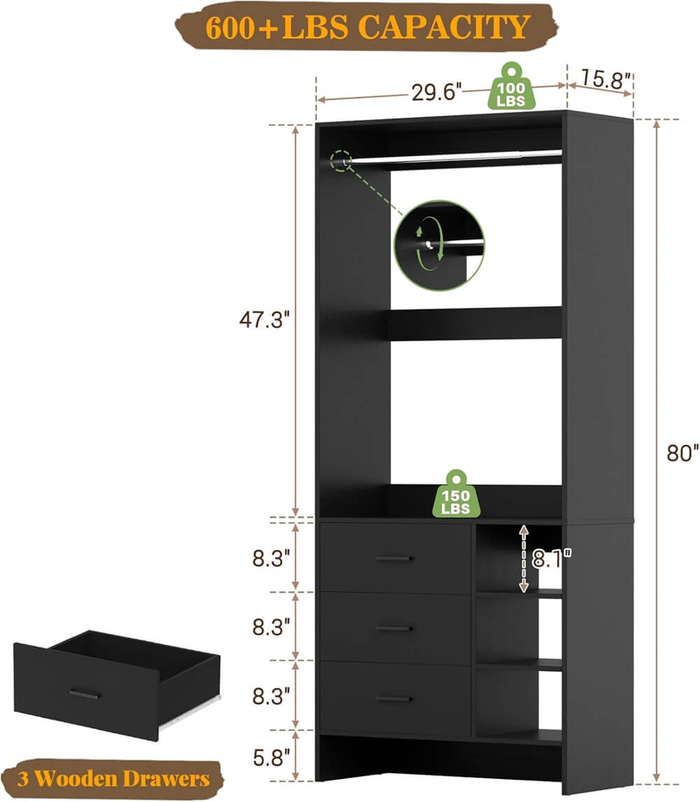 2.5FT Closet System with 3 Wooden Drawers and Shelves, 29.6'' Freestanding Walk In Clothes Storage Organizer for Home