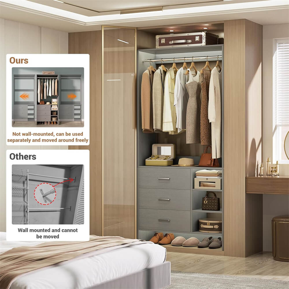 2.5FT Closet System with 3 Wooden Drawers and Shelves, 29.6'' Freestanding Walk In Clothes Storage Organizer for Home