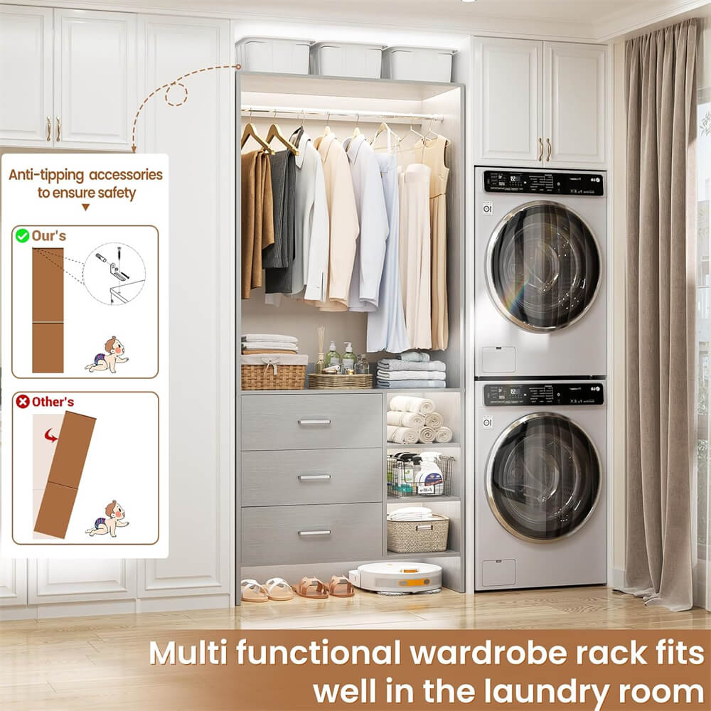 2.5FT Closet System with 3 Wooden Drawers and Shelves, 29.6'' Freestanding Walk In Clothes Storage Organizer for Home