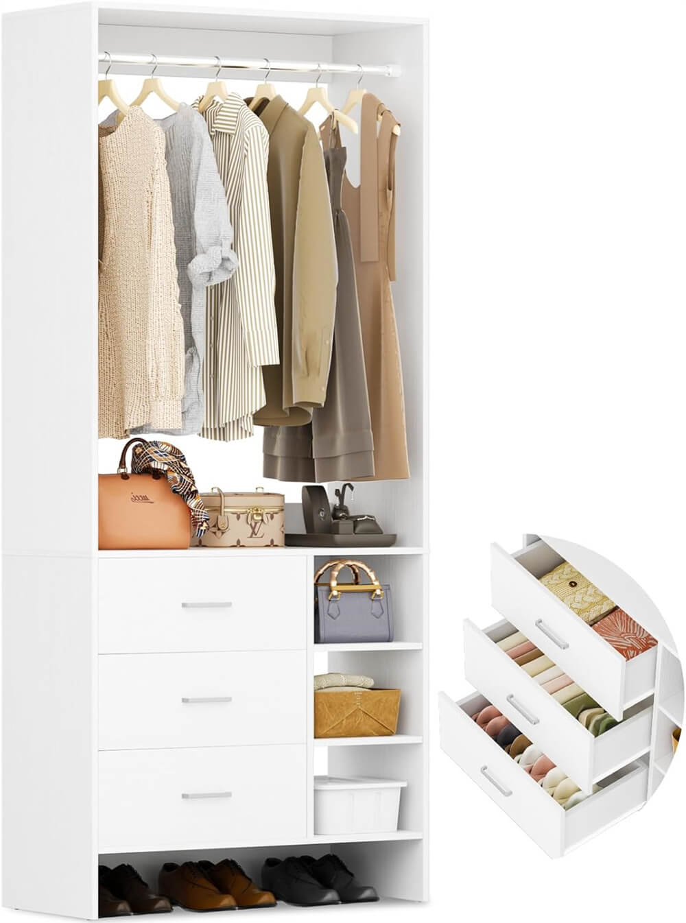 2.5FT Closet System with 3 Wooden Drawers and Shelves, 29.6'' Freestanding Walk In Clothes Storage Organizer for Home