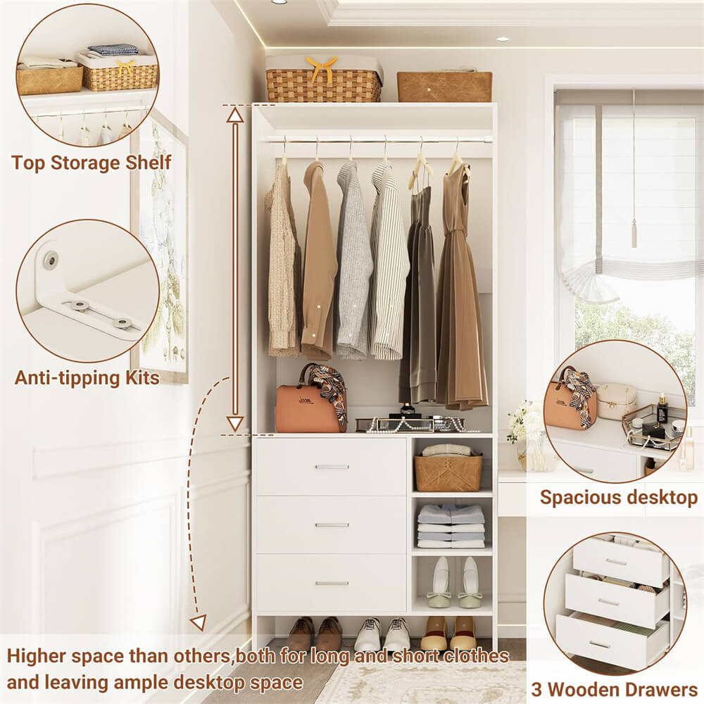 2.5FT Closet System with 3 Wooden Drawers and Shelves, 29.6'' Freestanding Walk In Clothes Storage Organizer for Home