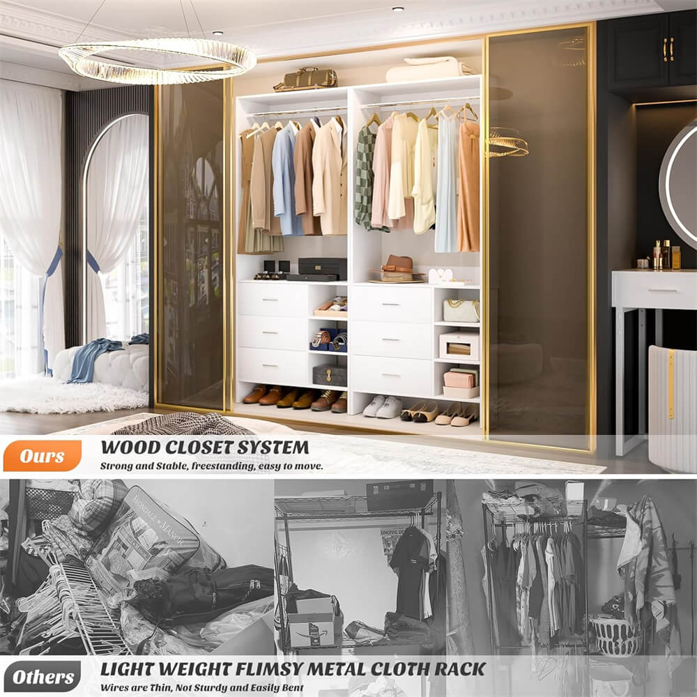 2.5FT Closet System with 3 Wooden Drawers and Shelves, 29.6'' Freestanding Walk In Clothes Storage Organizer for Home