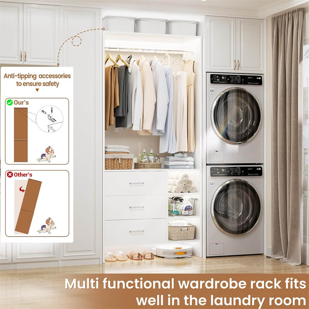 2.5FT Closet System with 3 Wooden Drawers and Shelves, 29.6'' Freestanding Walk In Clothes Storage Organizer for Home