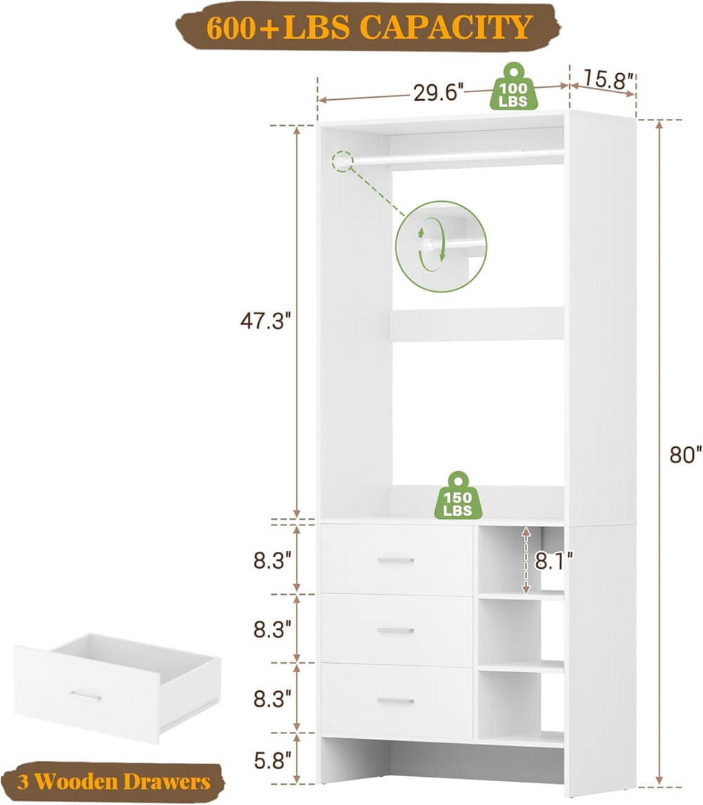 2.5FT Closet System with 3 Wooden Drawers and Shelves, 29.6'' Freestanding Walk In Clothes Storage Organizer for Home