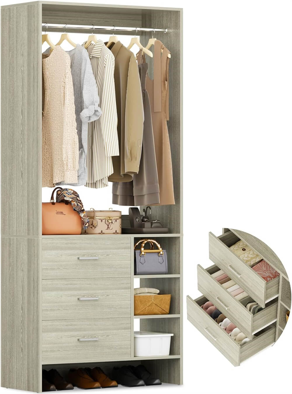 2.5FT Closet System with 3 Wooden Drawers and Shelves, 29.6'' Freestanding Walk In Clothes Storage Organizer for Home