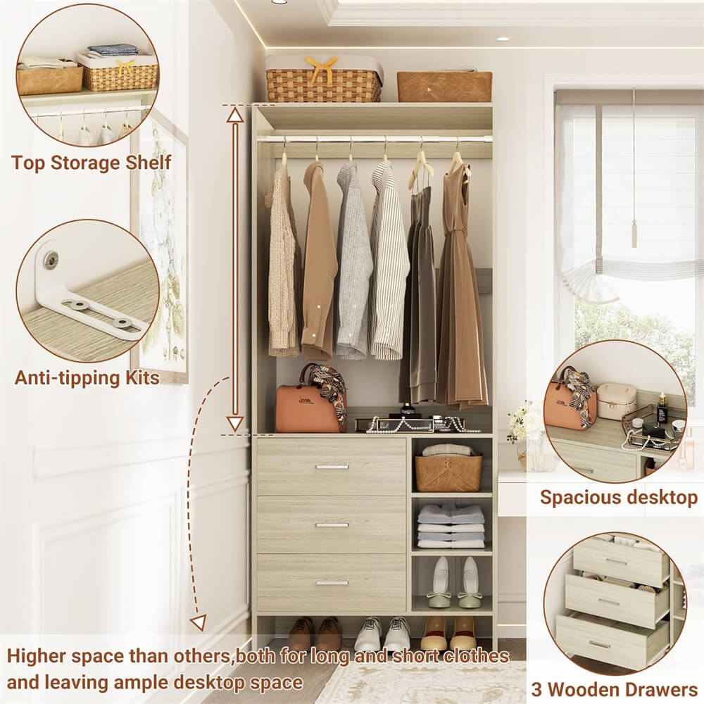 2.5FT Closet System with 3 Wooden Drawers and Shelves, 29.6'' Freestanding Walk In Clothes Storage Organizer for Home