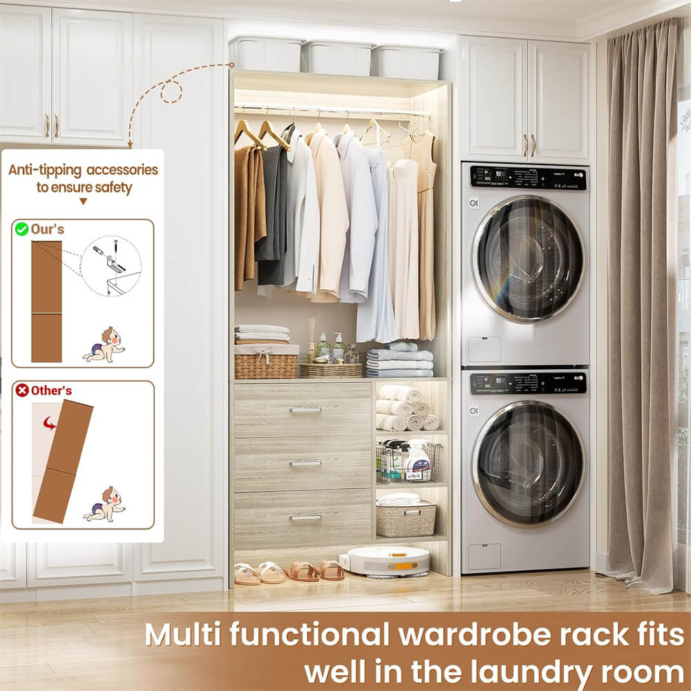 2.5FT Closet System with 3 Wooden Drawers and Shelves, 29.6'' Freestanding Walk In Clothes Storage Organizer for Home