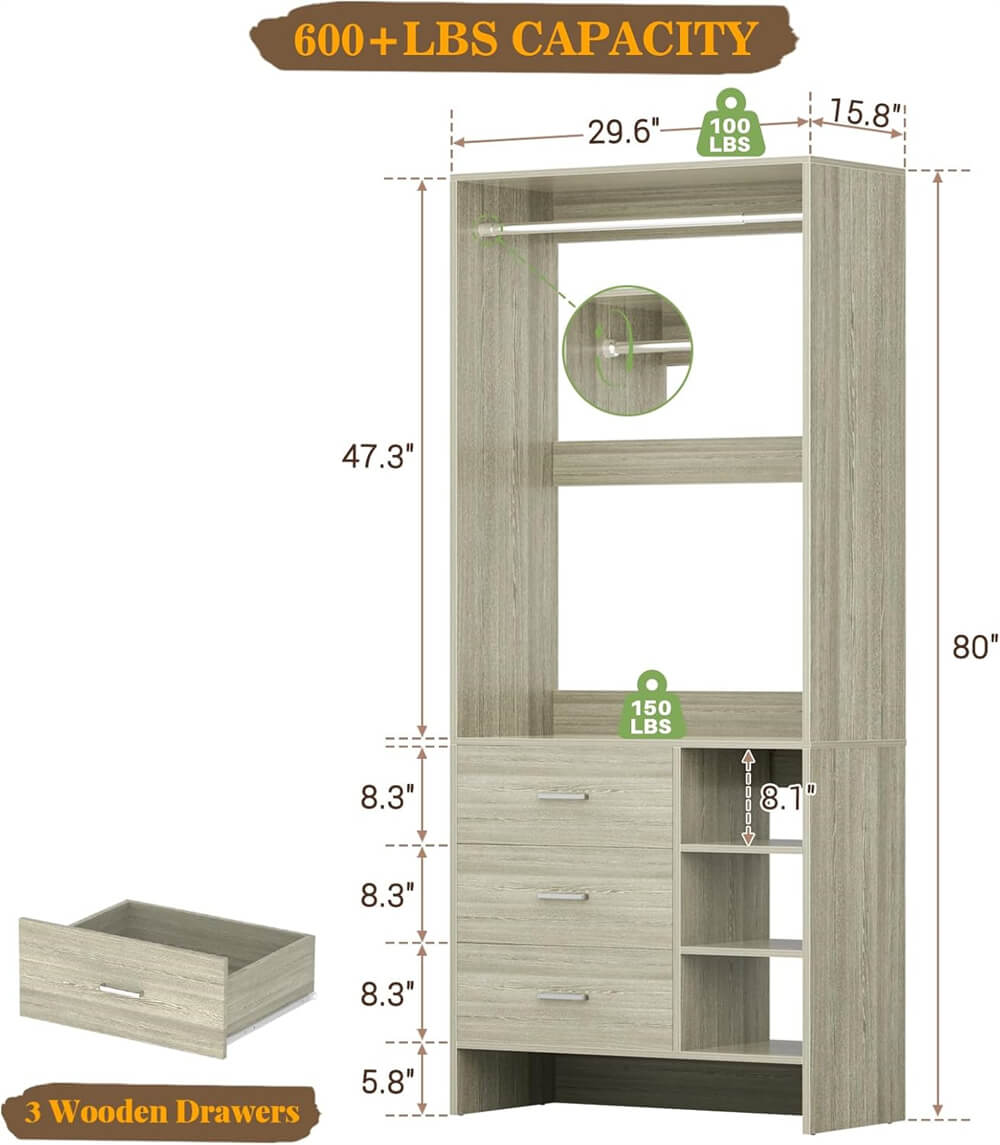 2.5FT Closet System with 3 Wooden Drawers and Shelves, 29.6'' Freestanding Walk In Clothes Storage Organizer for Home