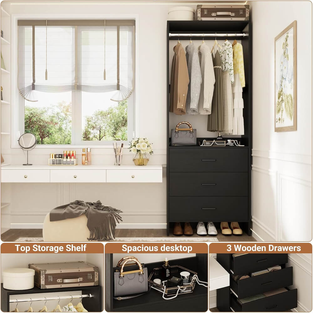 2FT Stand Closet System with 3 Wood Drawers, 24 Inch Clothes Storage Organizer for Closet & Bedroom