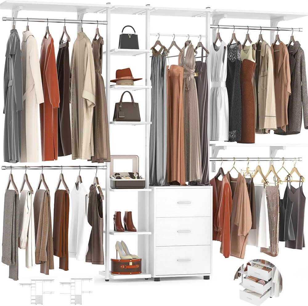 Unikito 96 Inch Closet System with Drawers, Clothes Hanging Rack with ...