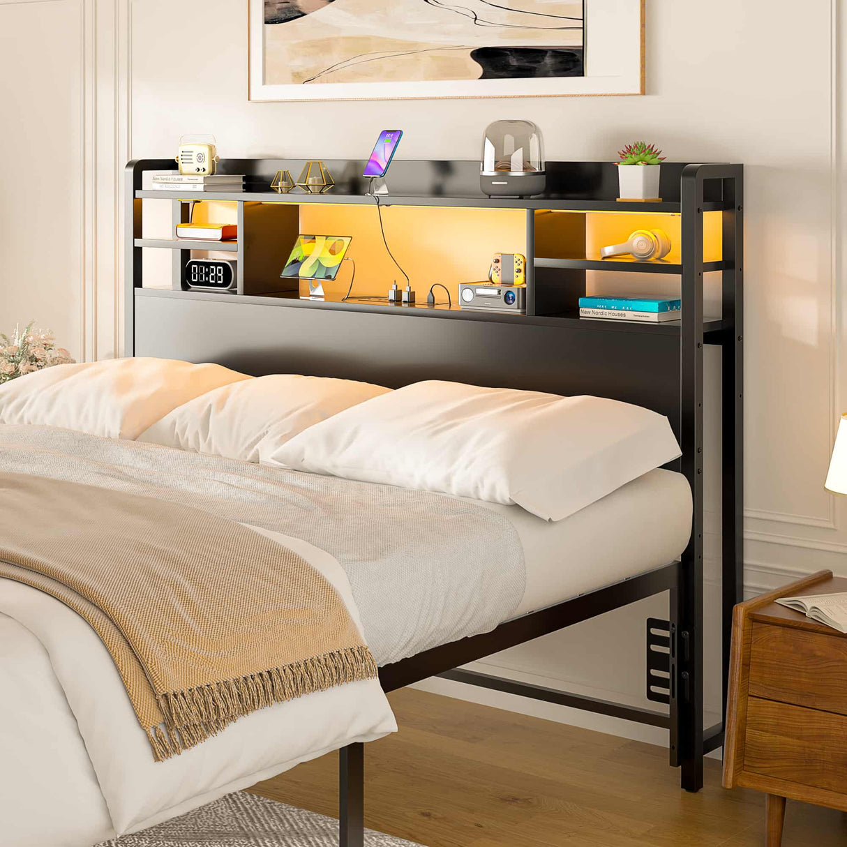 Full Size Headboard with Storage Shelf for Full Size Bed, with Power Outlets & LED Light