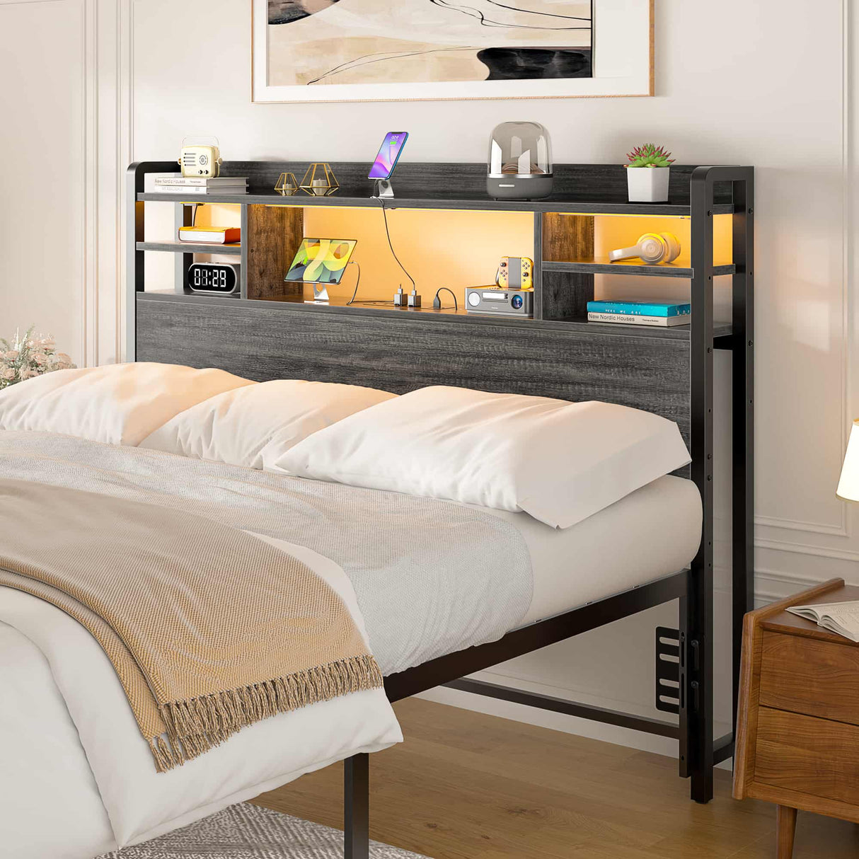 Full Size Headboard with Storage Shelf for Full Size Bed, with Power Outlets & LED Light