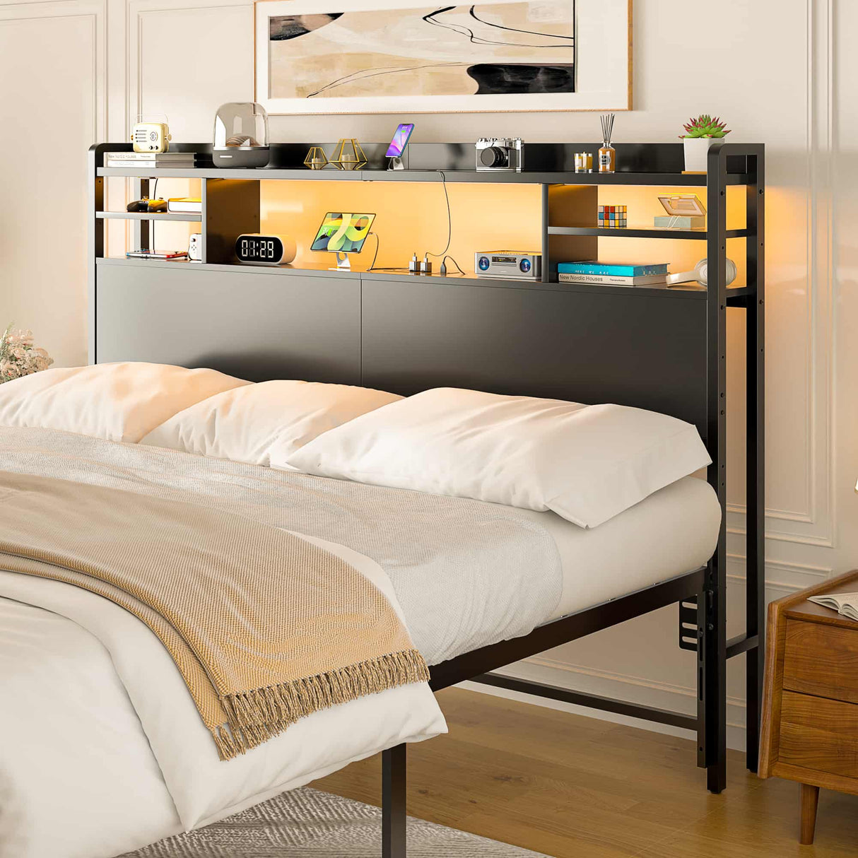 Queen Size Headboard with Storage Shelf for Queen Size Bed, with Power Outlets & LED Light