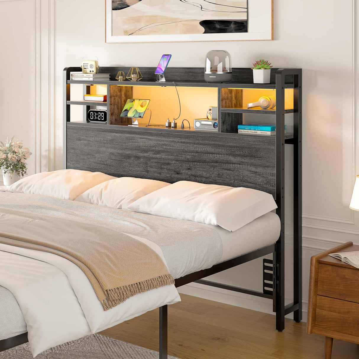 Twin Size Headboard with Storage Shelf for Twin Size Bed, with Power Outlets & LED Light