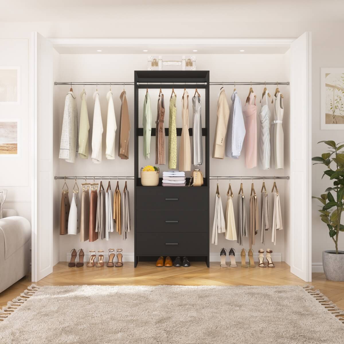 Closet System with 3 Drawers & 5 Hanging Rods, Walk-in Closet System for Bedroom, Closet