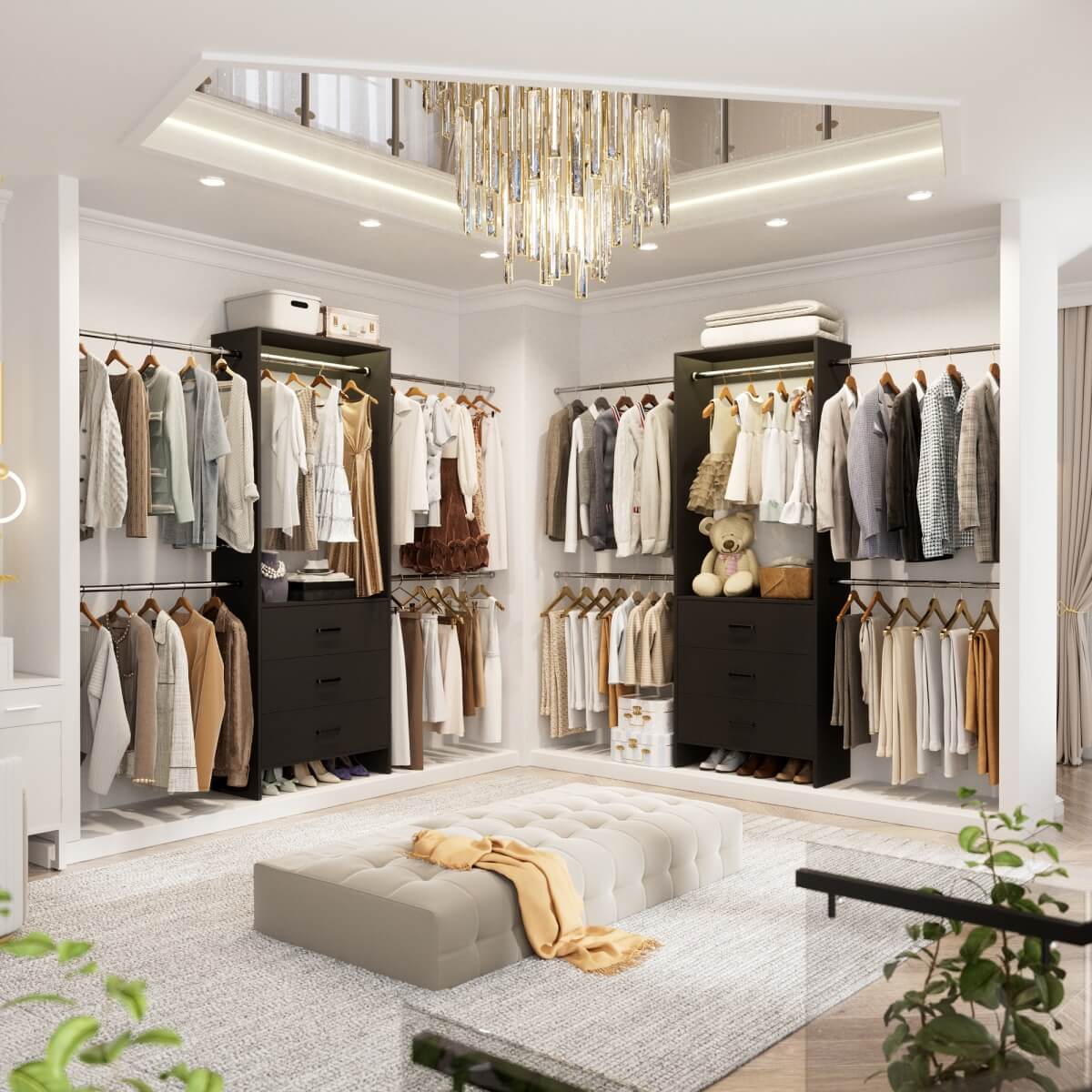 Closet System with 3 Drawers & 5 Hanging Rods, Walk-in Closet System for Bedroom, Closet