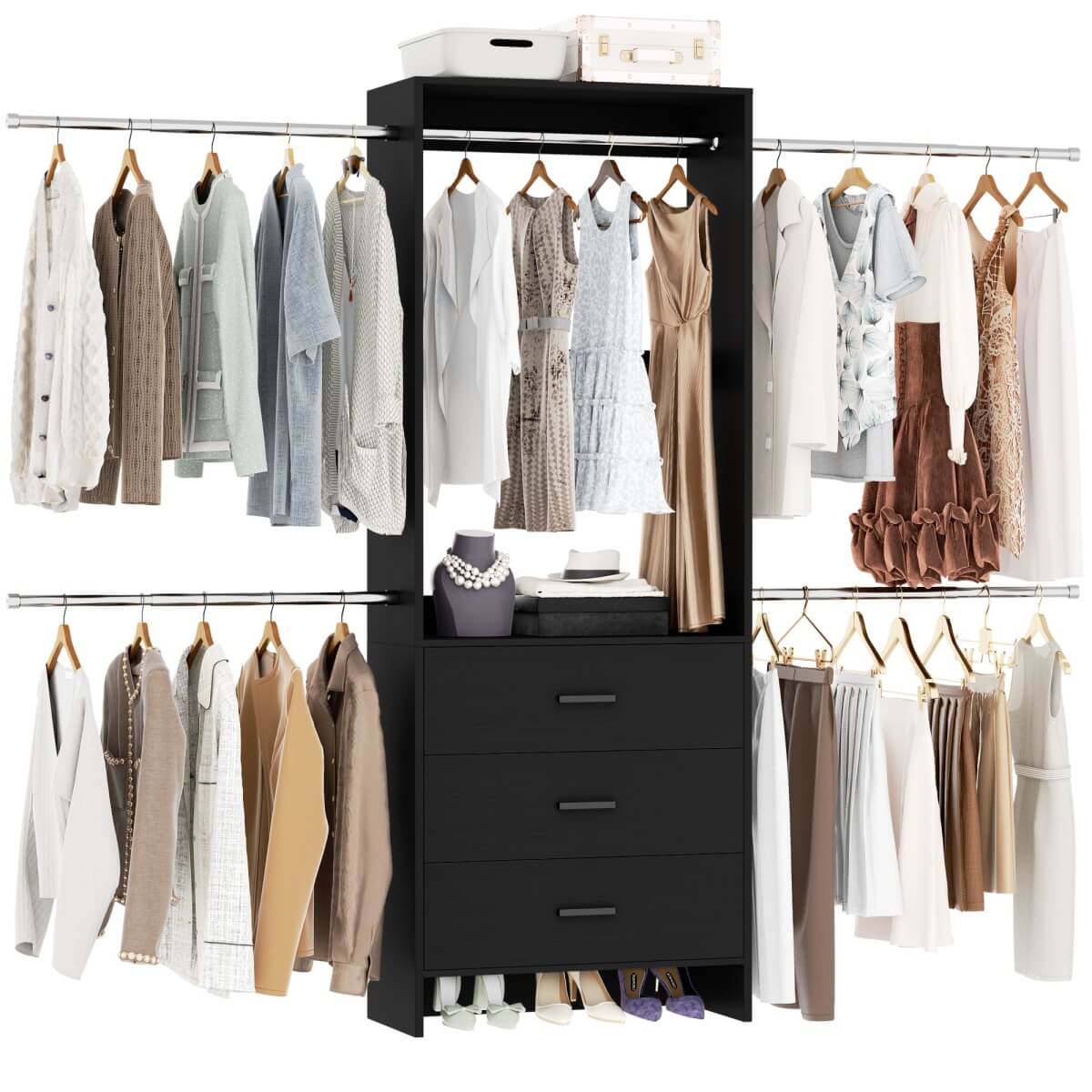 Closet System with 3 Drawers & 5 Hanging Rods, Walk-in Closet System for Bedroom, Closet