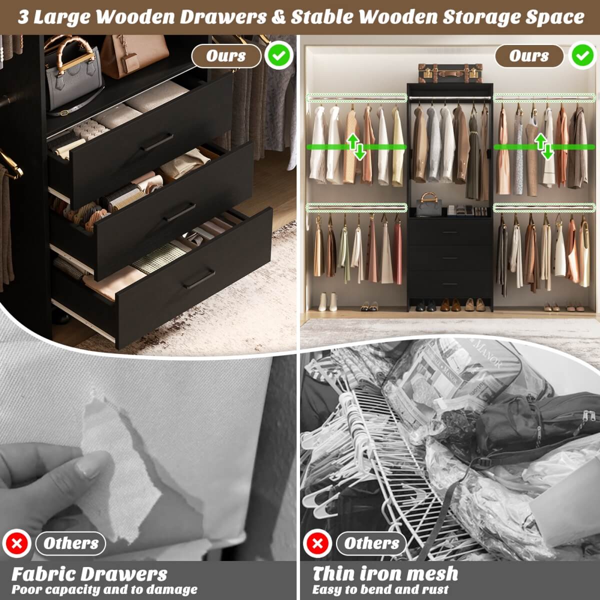 Closet System with 3 Drawers & 5 Hanging Rods, Walk-in Closet System for Bedroom, Closet