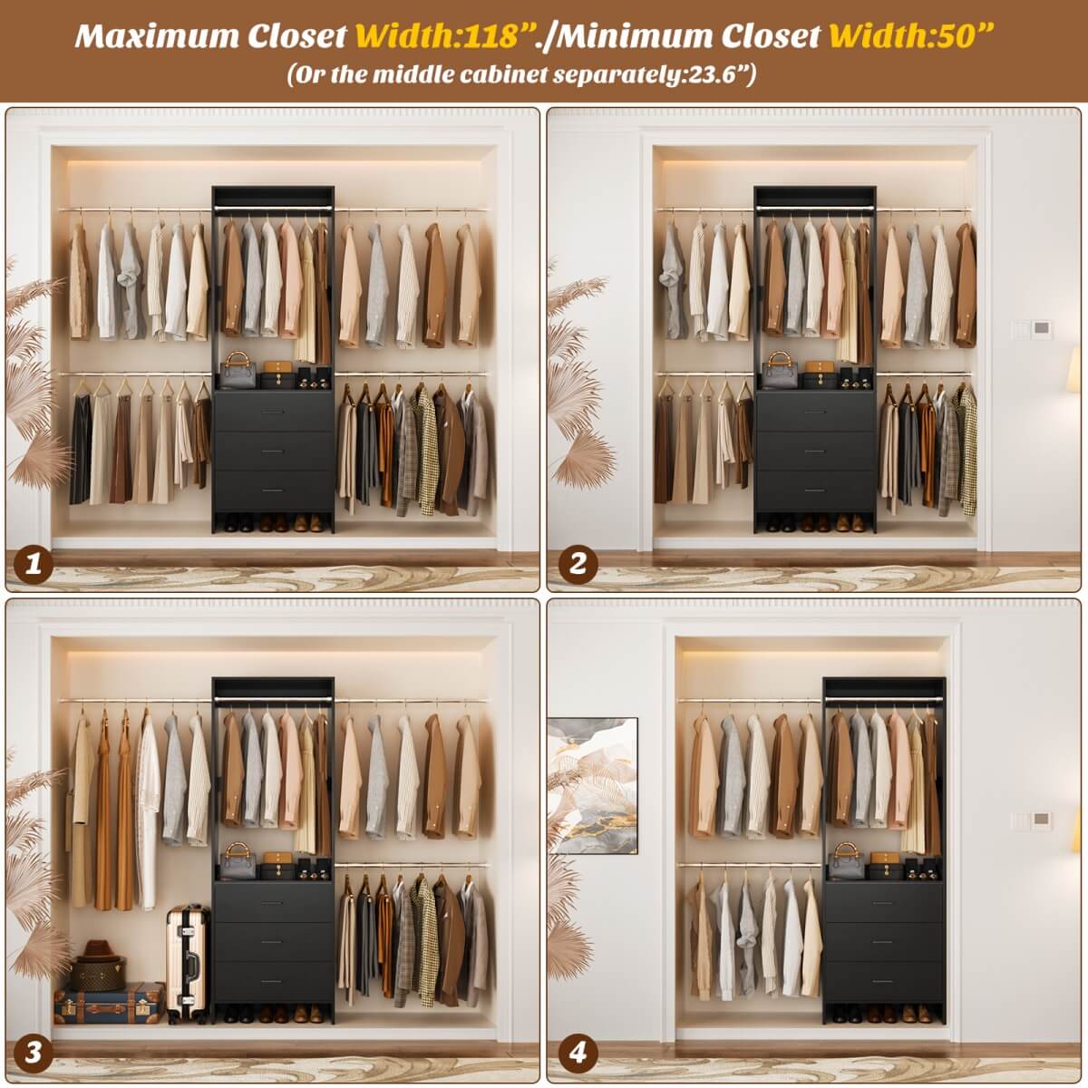 Closet System with 3 Drawers & 5 Hanging Rods, Walk-in Closet System for Bedroom, Closet
