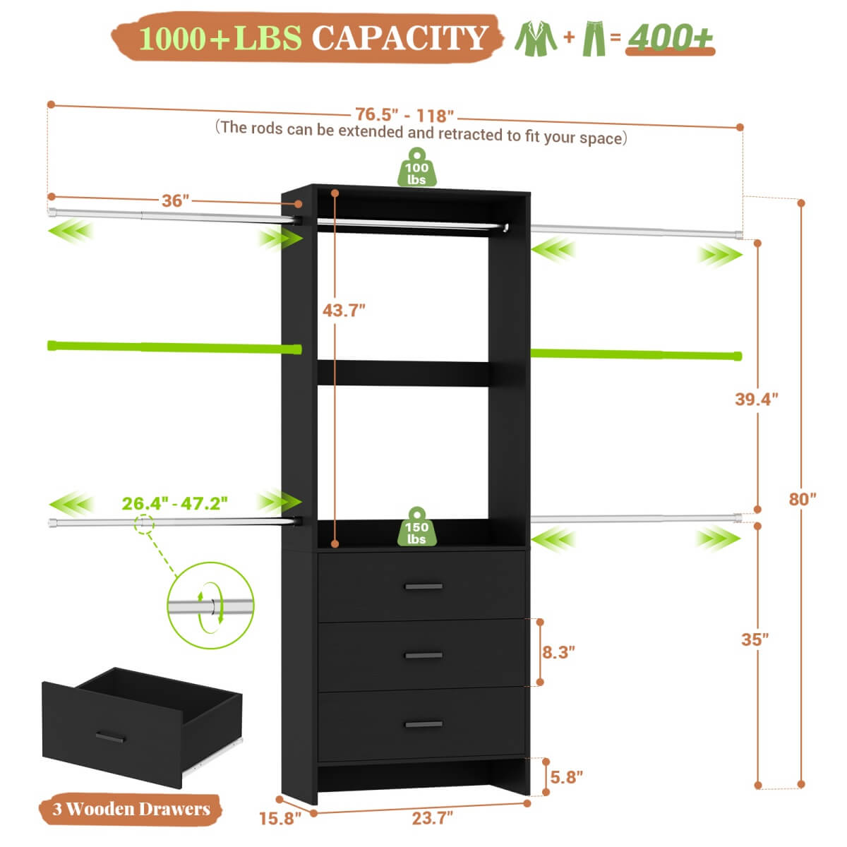 Closet System with 3 Drawers & 5 Hanging Rods, Walk-in Closet System for Bedroom, Closet