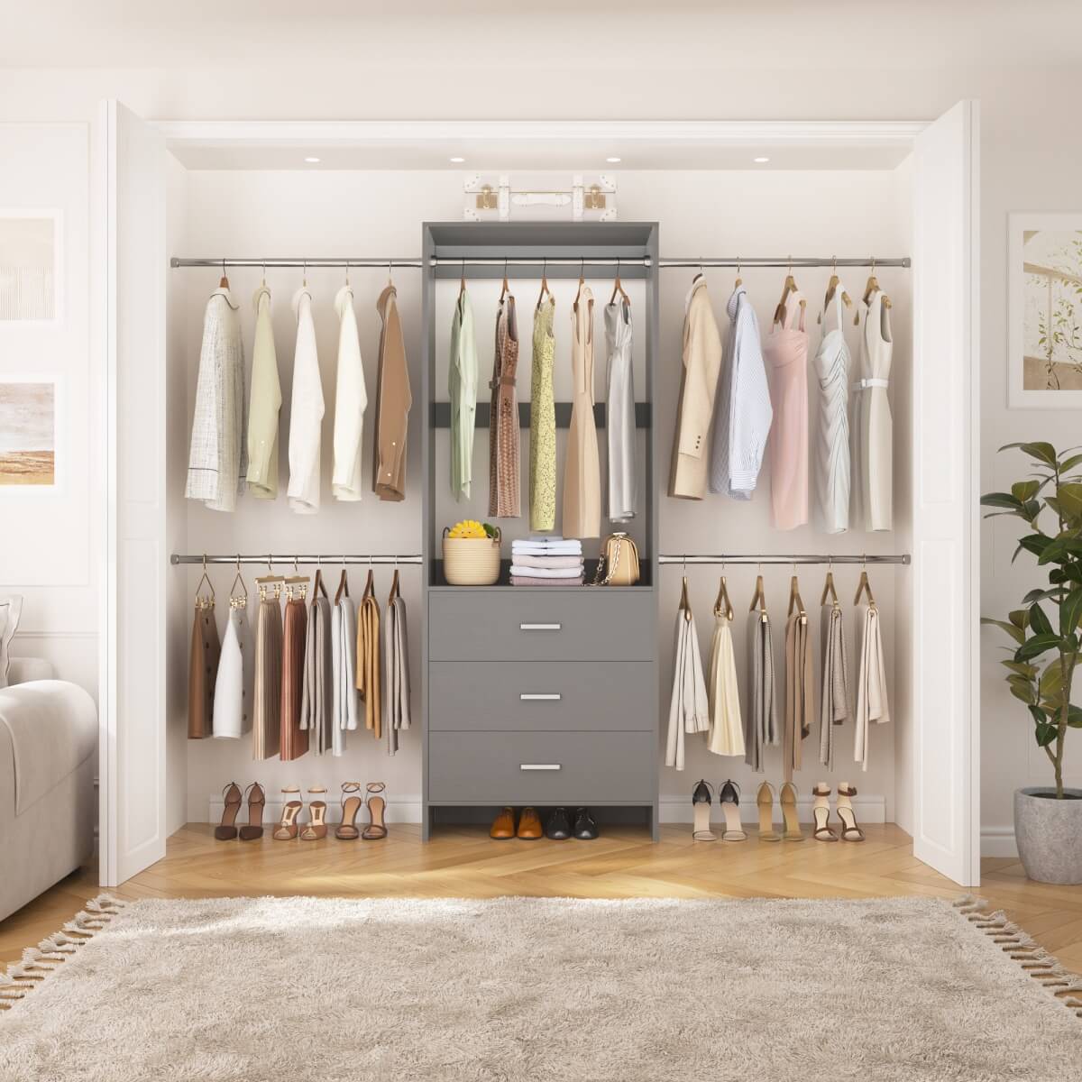 Closet System with 3 Drawers & 5 Hanging Rods, Walk-in Closet System for Bedroom, Closet