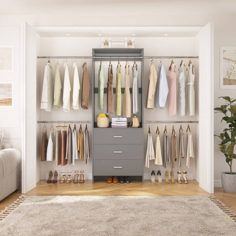 Closet System with 3 Drawers & 5 Hanging Rods, Walk-in Closet System for Bedroom, Closet