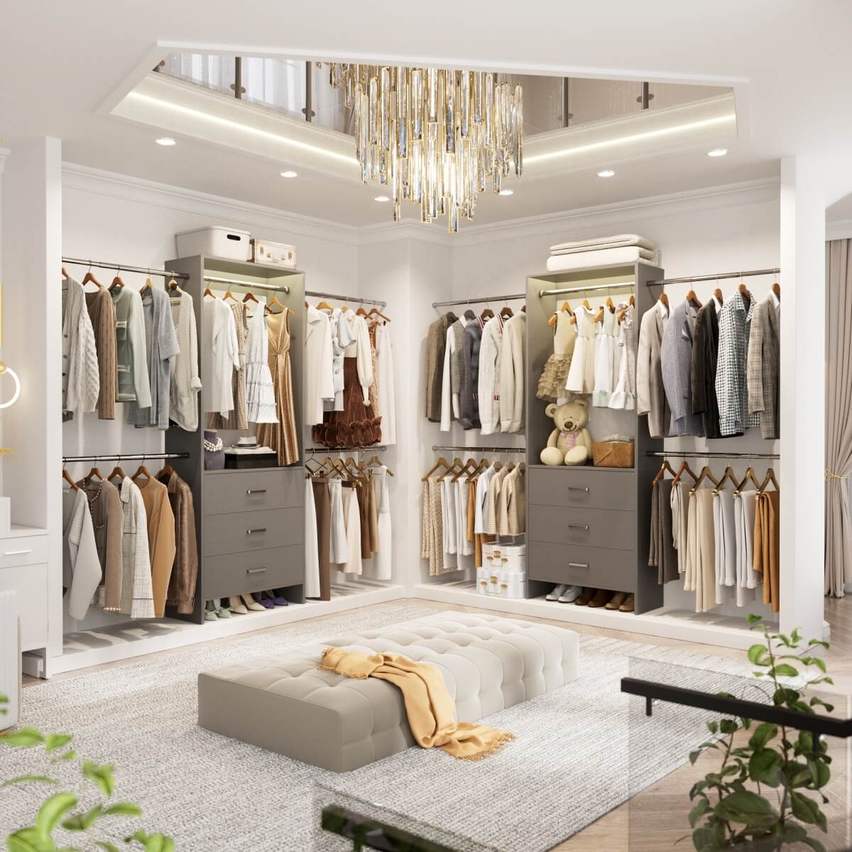 Closet System with 3 Drawers & 5 Hanging Rods, Walk-in Closet System for Bedroom, Closet