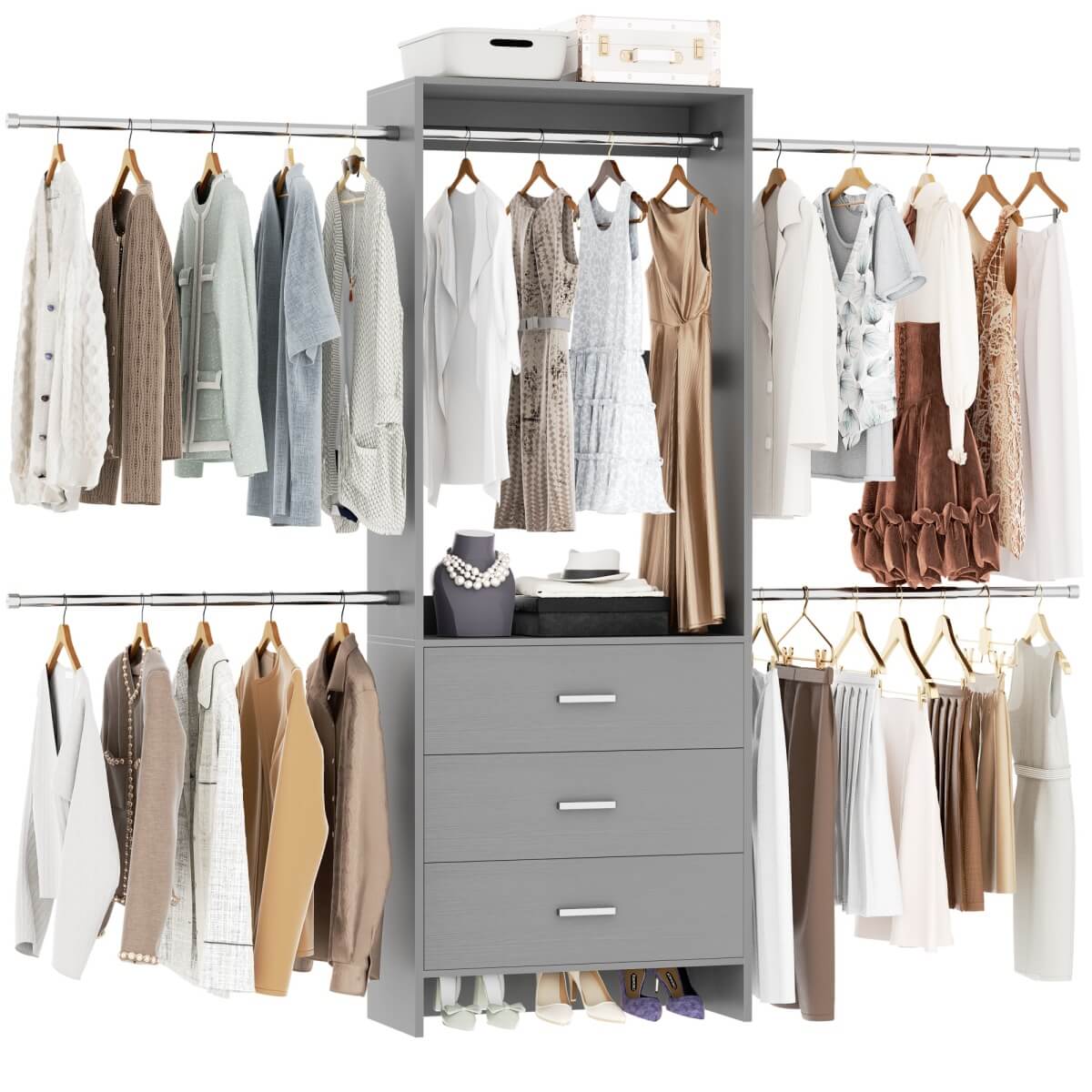 Closet System with 3 Drawers & 5 Hanging Rods, Walk-in Closet System for Bedroom, Closet