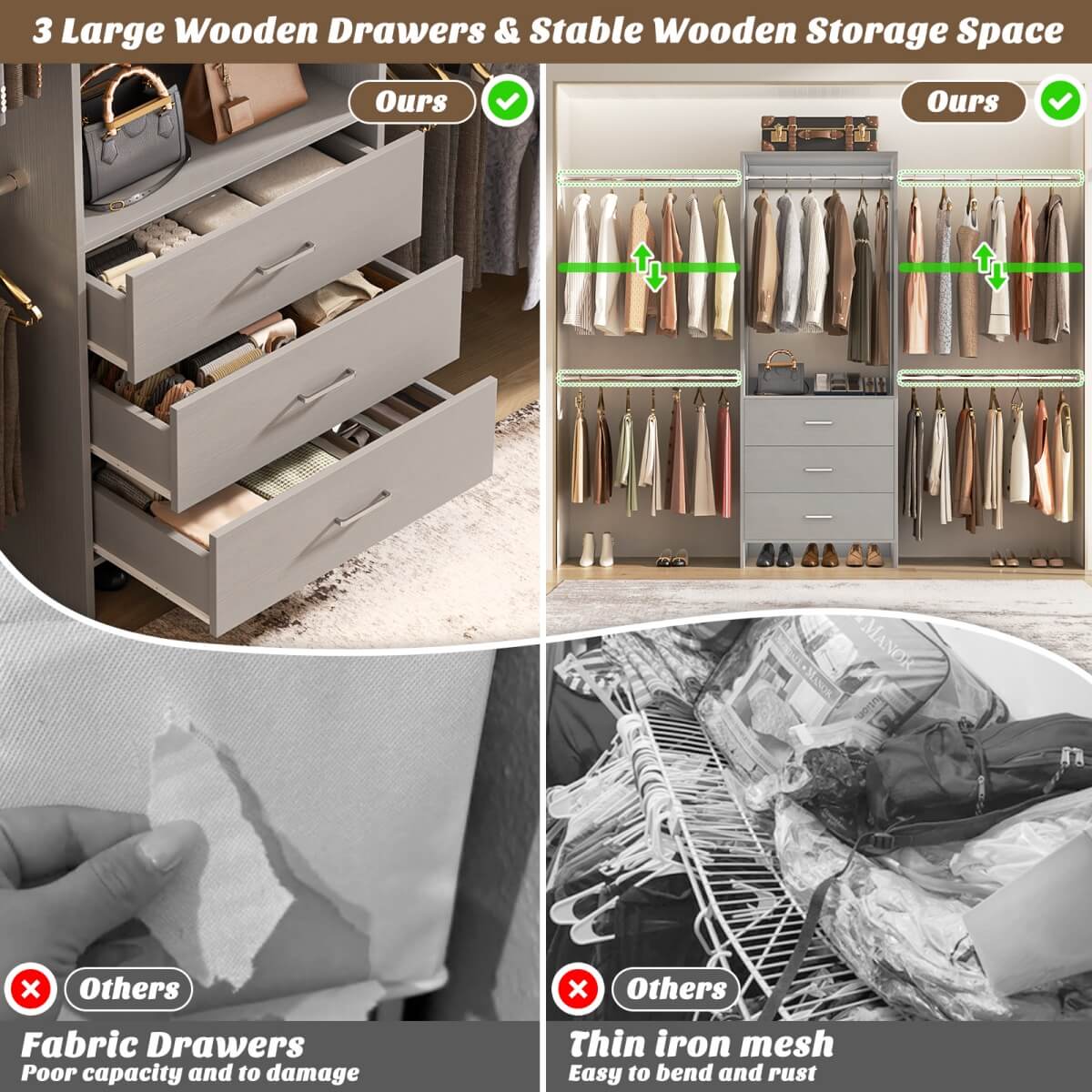 Closet System with 3 Drawers & 5 Hanging Rods, Walk-in Closet System for Bedroom, Closet