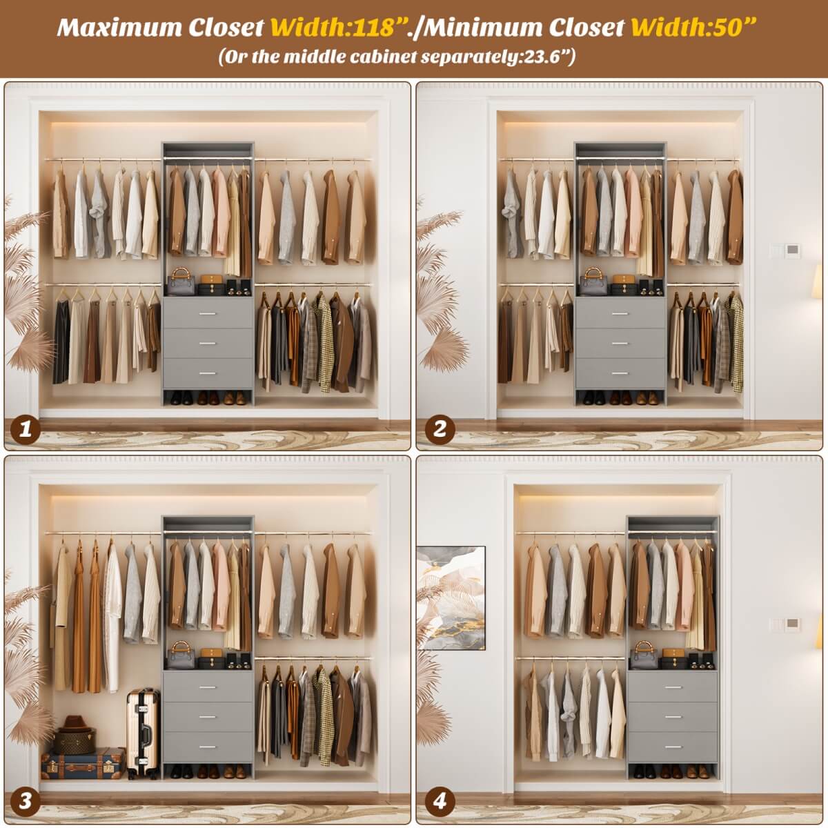 Closet System with 3 Drawers & 5 Hanging Rods, Walk-in Closet System for Bedroom, Closet