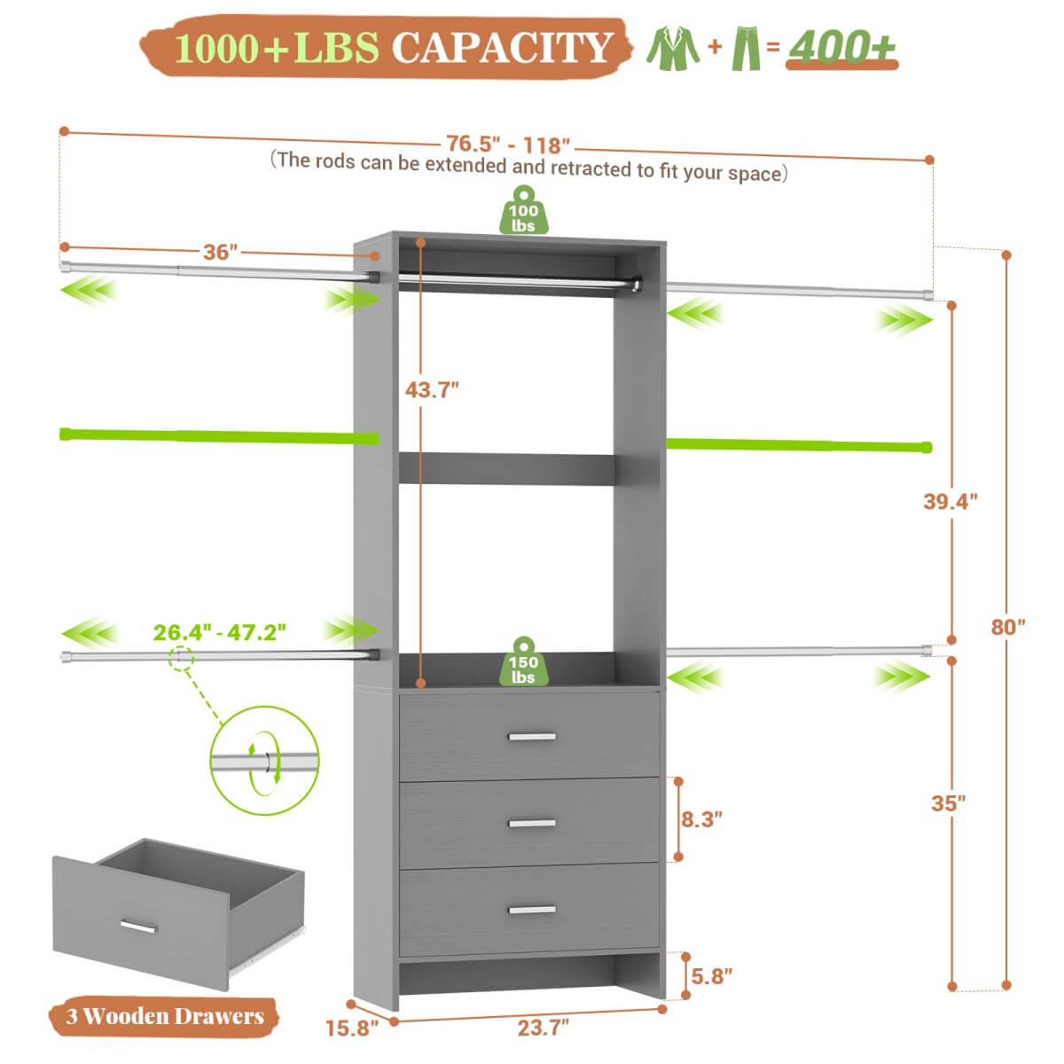 Closet System with 3 Drawers & 5 Hanging Rods, Walk-in Closet System for Bedroom, Closet