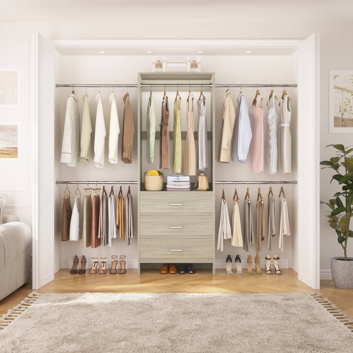 Closet System with 3 Drawers & 5 Hanging Rods, Walk-in Closet System for Bedroom, Closet