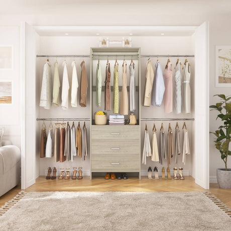Closet System with 3 Drawers & 5 Hanging Rods, Walk-in Closet System for Bedroom, Closet