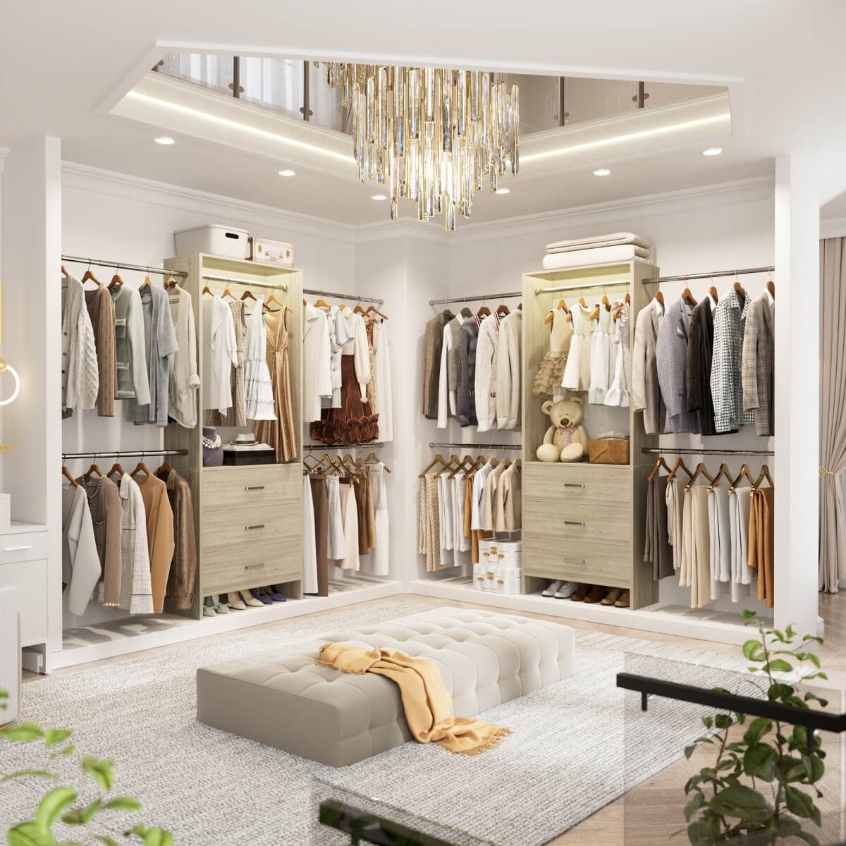 Closet System with 3 Drawers & 5 Hanging Rods, Walk-in Closet System for Bedroom, Closet