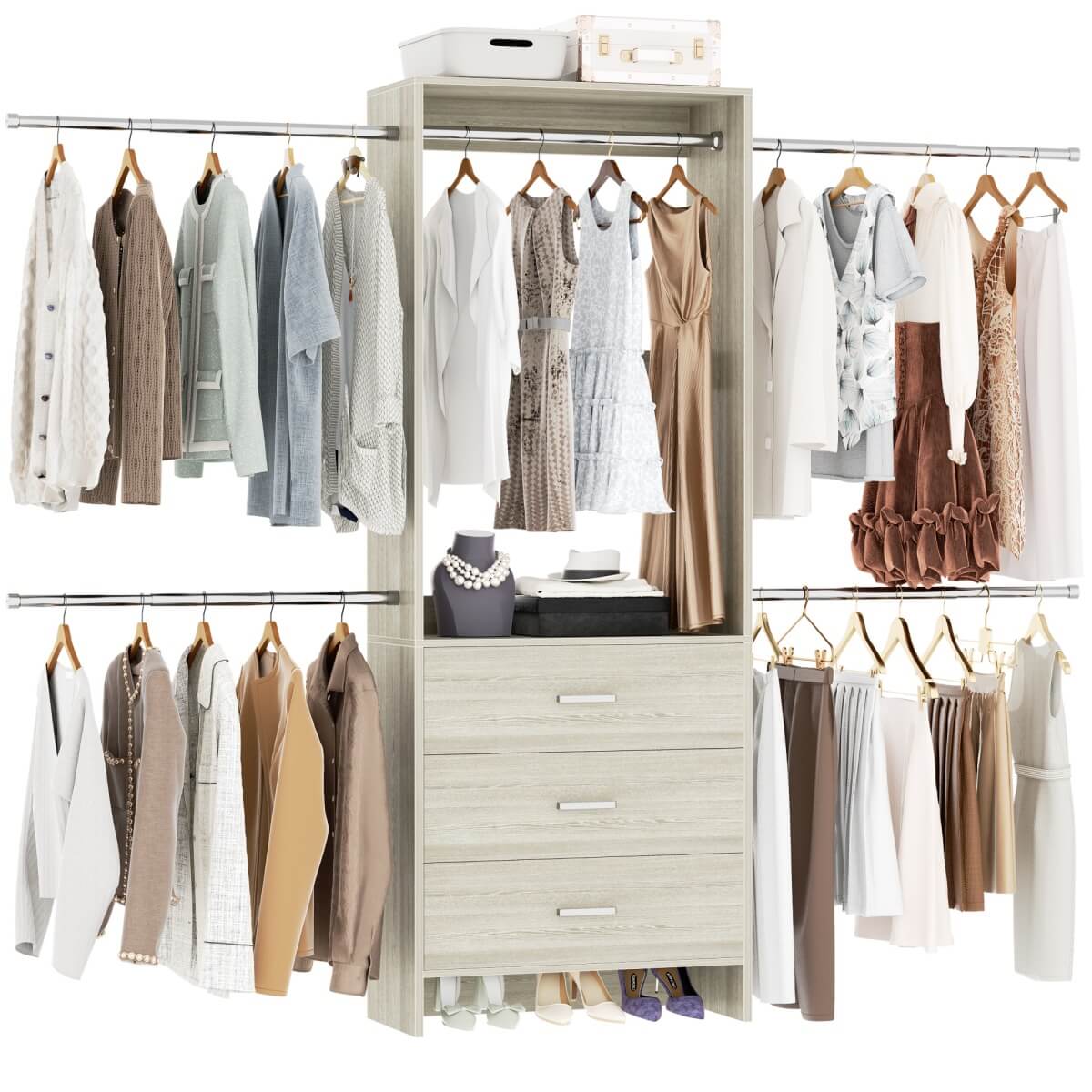 Closet System with 3 Drawers & 5 Hanging Rods, Walk-in Closet System for Bedroom, Closet