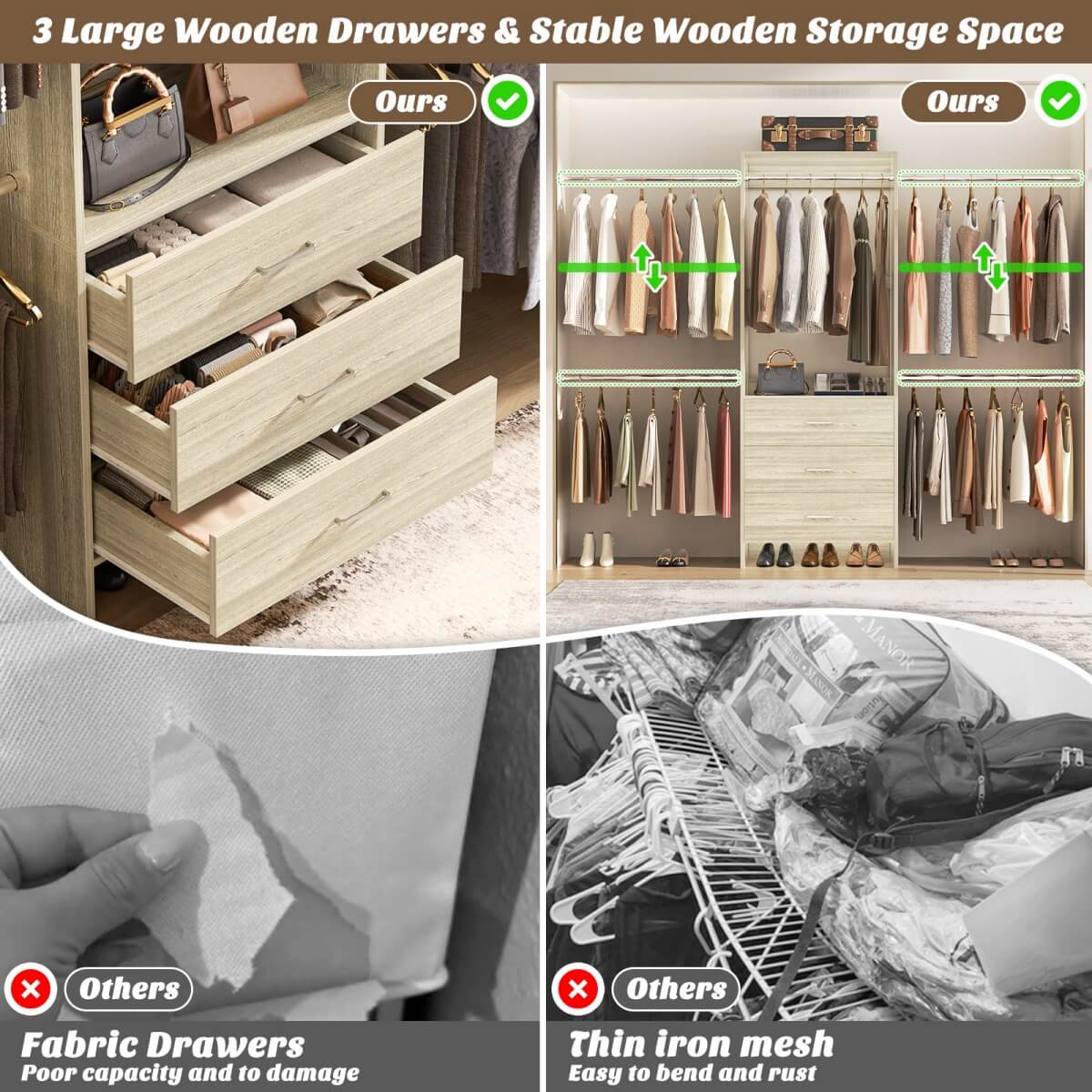 Closet System with 3 Drawers & 5 Hanging Rods, Walk-in Closet System for Bedroom, Closet