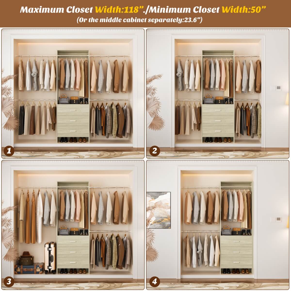 Closet System with 3 Drawers & 5 Hanging Rods, Walk-in Closet System for Bedroom, Closet