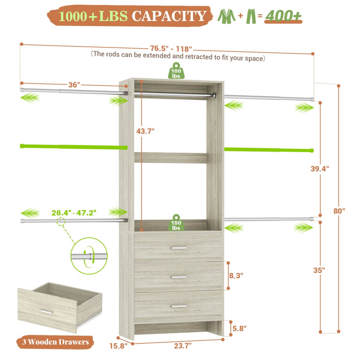 Closet System with 3 Drawers & 5 Hanging Rods, Walk-in Closet System for Bedroom, Closet