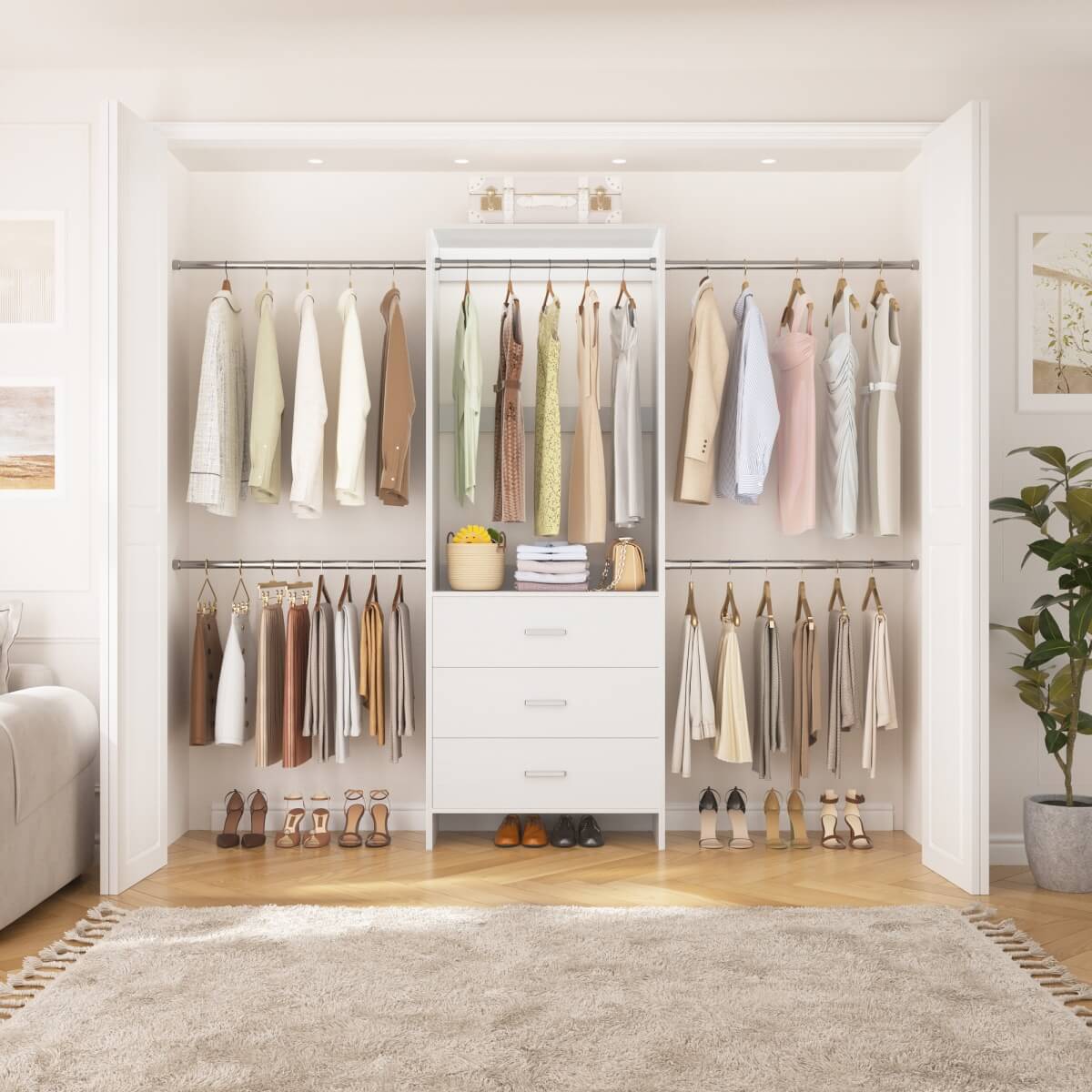 Closet System with 3 Drawers & 5 Hanging Rods, Walk-in Closet System for Bedroom, Closet