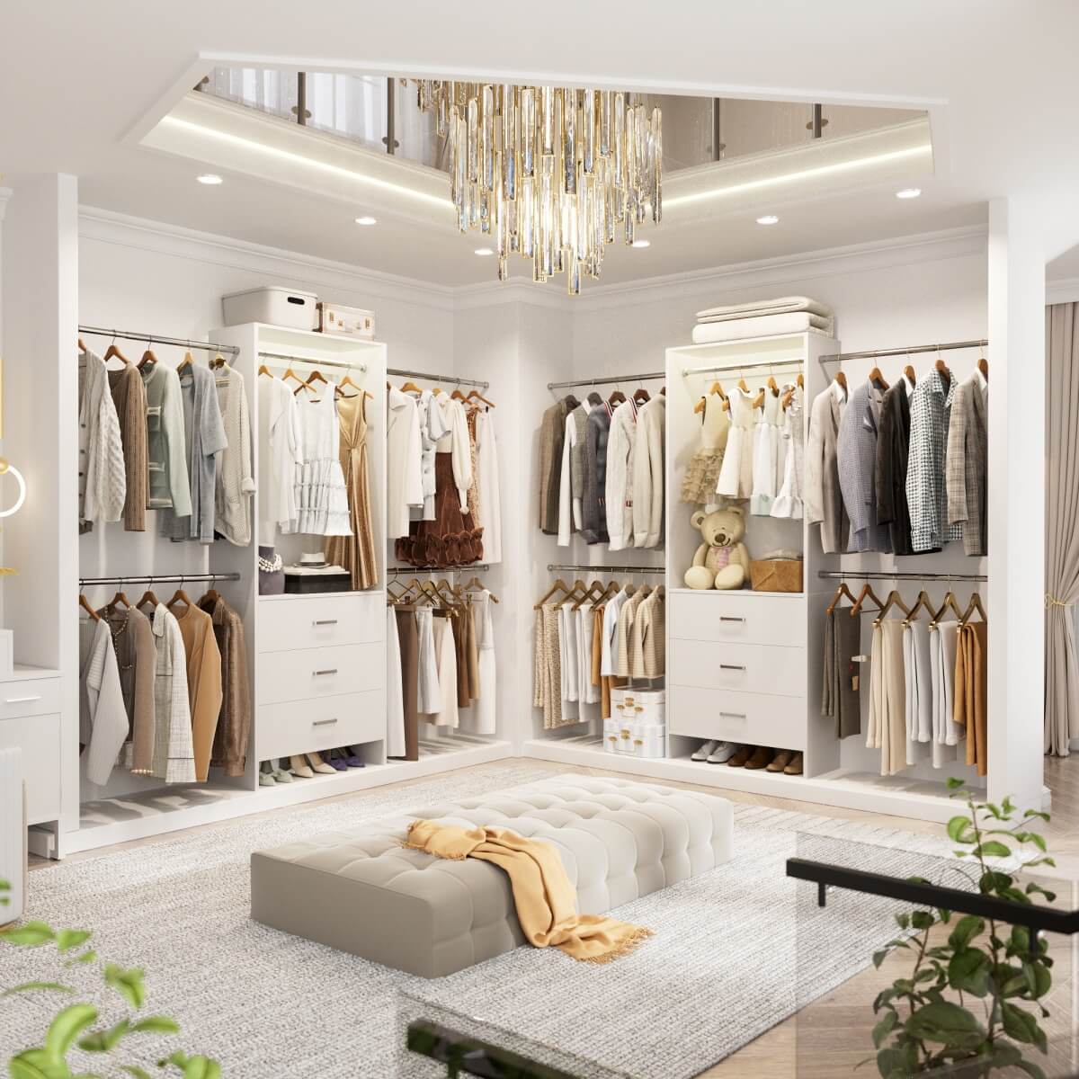 Closet System with 3 Drawers & 5 Hanging Rods, Walk-in Closet System for Bedroom, Closet