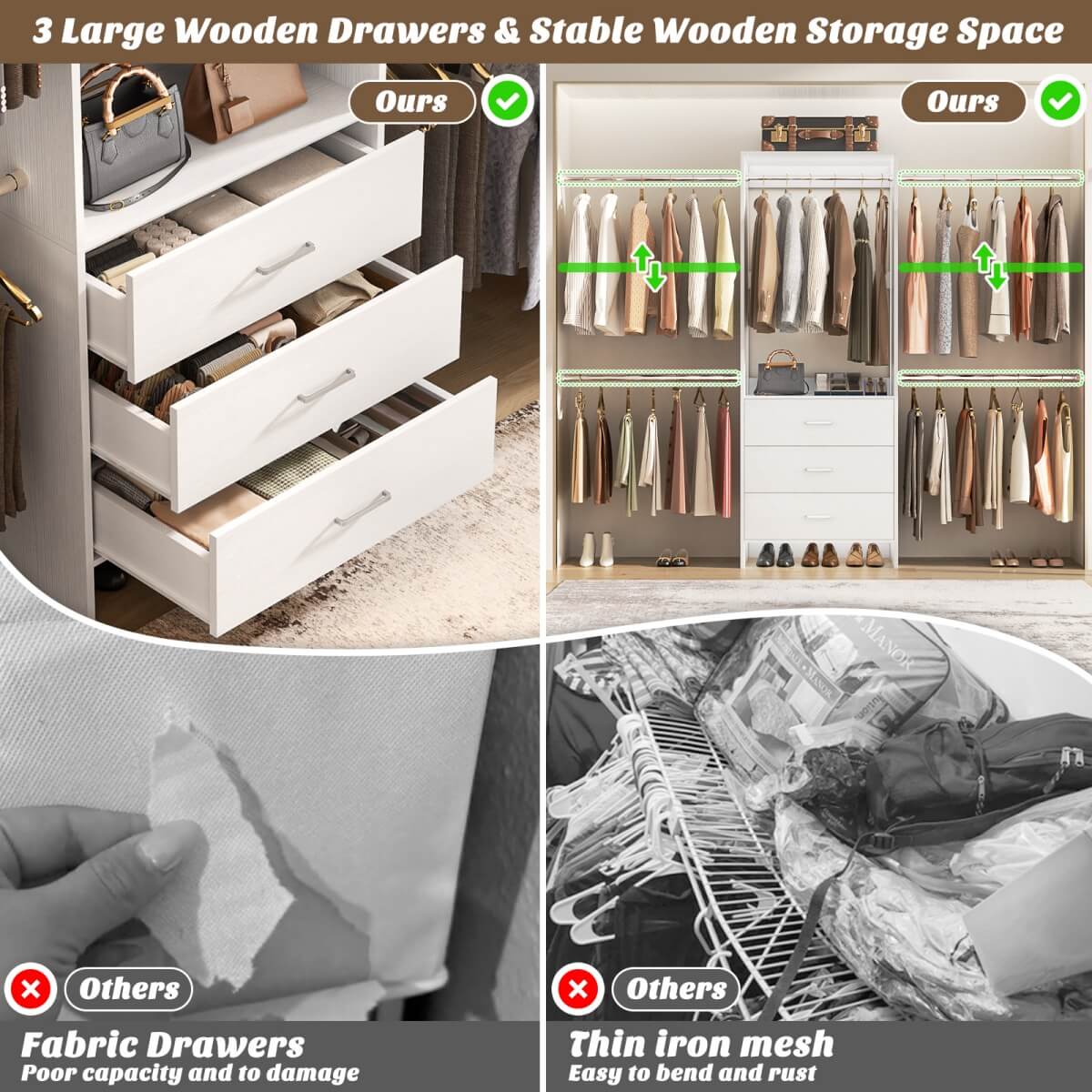 Closet System with 3 Drawers & 5 Hanging Rods, Walk-in Closet System for Bedroom, Closet