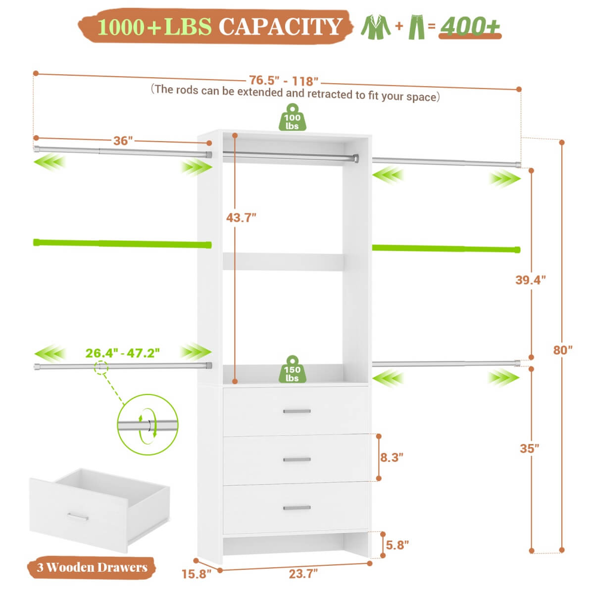 Closet System with 3 Drawers & 5 Hanging Rods, Walk-in Closet System for Bedroom, Closet