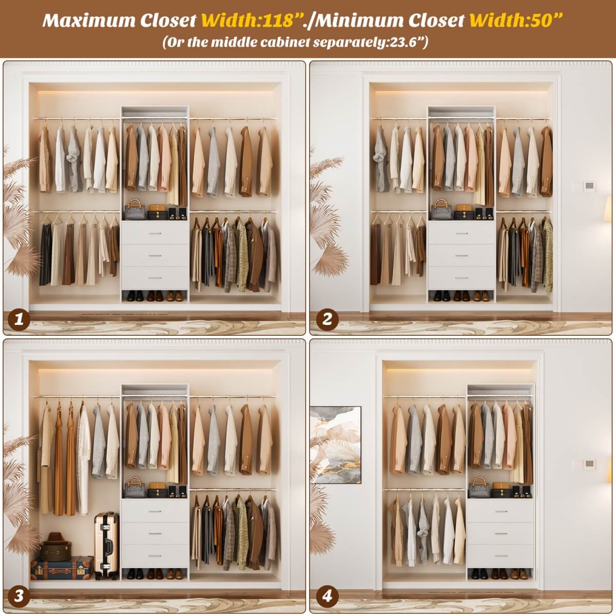 Closet System with 3 Drawers & 5 Hanging Rods, Walk-in Closet System for Bedroom, Closet
